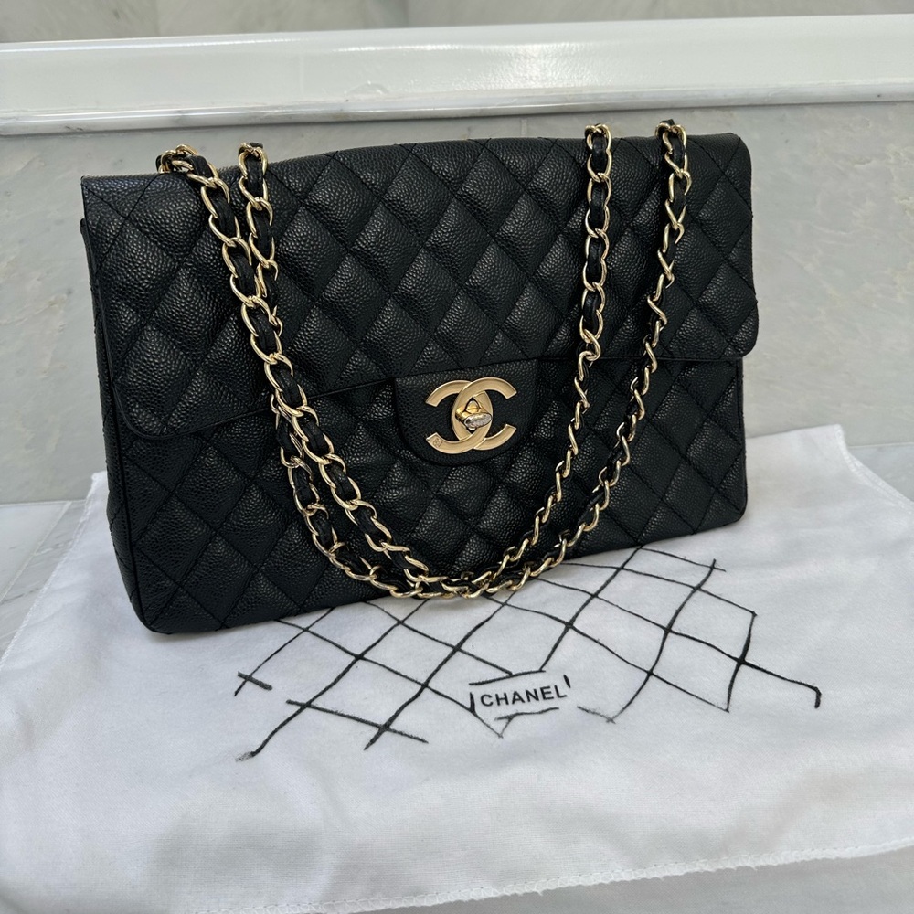 CHANEL 1990’s Vintage Black Maxi Jumbo XL Caviar Leather (RARE FIND)